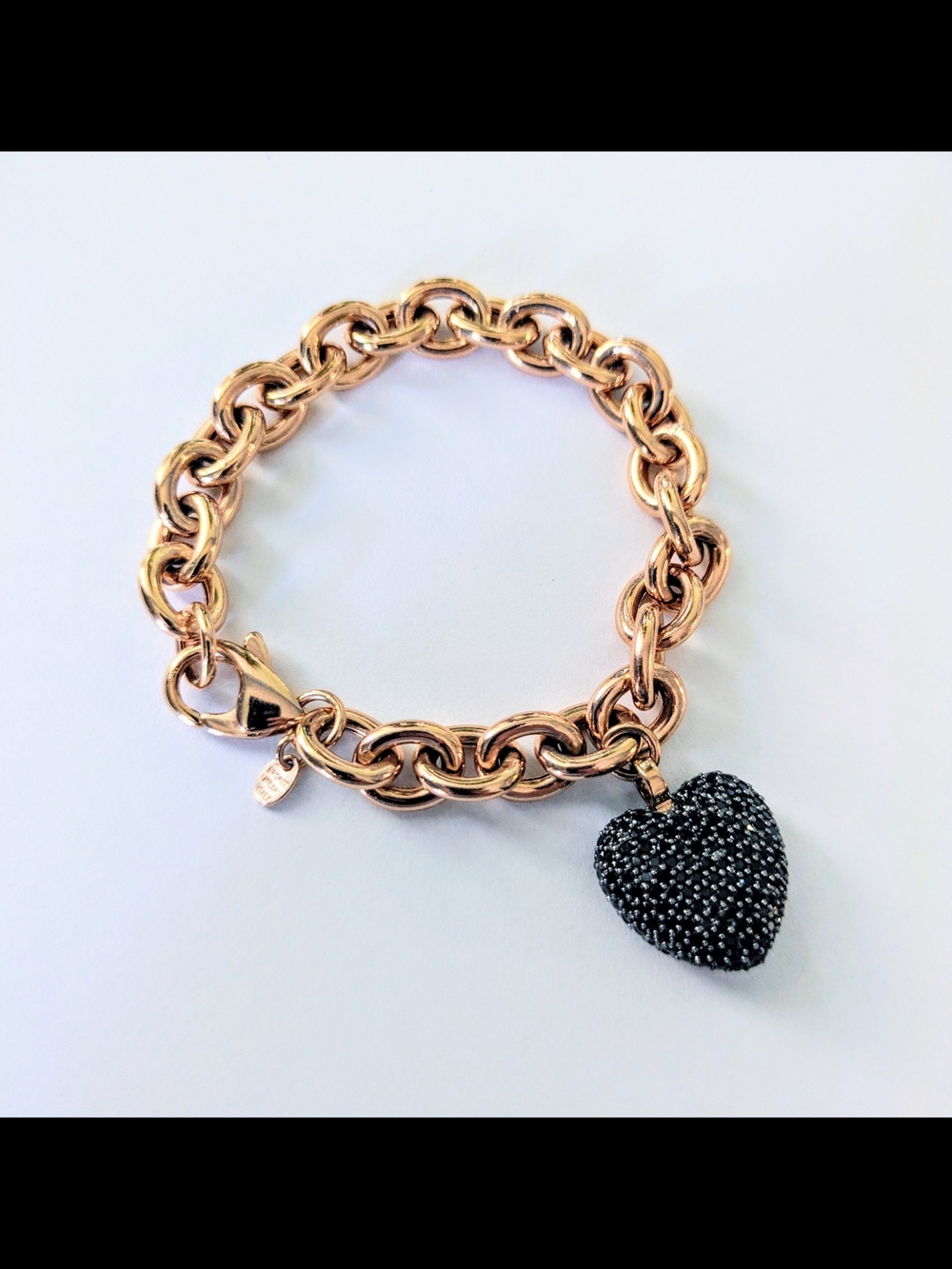 BRONZE MILOR ITALY Gold Plated 6ctw Black Spinel Puffy Heart Charm Bracelet 7.5"